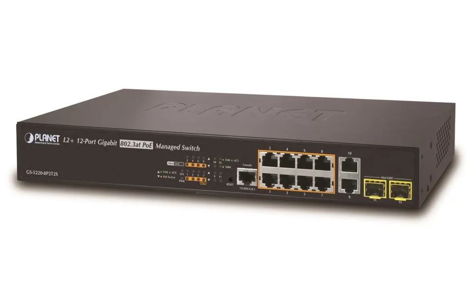 Planet GS-5220-8P2T2S L3 switch, 10x1Gb, 2x1Gb SFP, 8x PoE 802.3at 240W