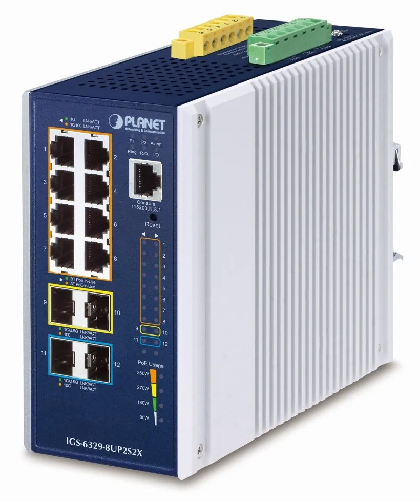 Planet IGS-6329-8UP2S4X průmyslový L3 switch, 8x1Gb, 2x2.5Gb SFP, 2x10Gb SFP+, PoE 802.3bt 360W, 48-54VDC, -40~75°C
