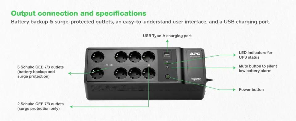 APC Back-UPS 500VA, 230V, 1USB charging port (300W), Schuko
