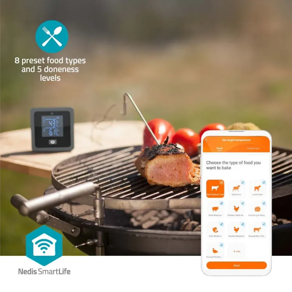 Nedis BTKAT10GY - Teploměr na Maso | 0 - 300 °C | Digitální Displej | Bluetooth