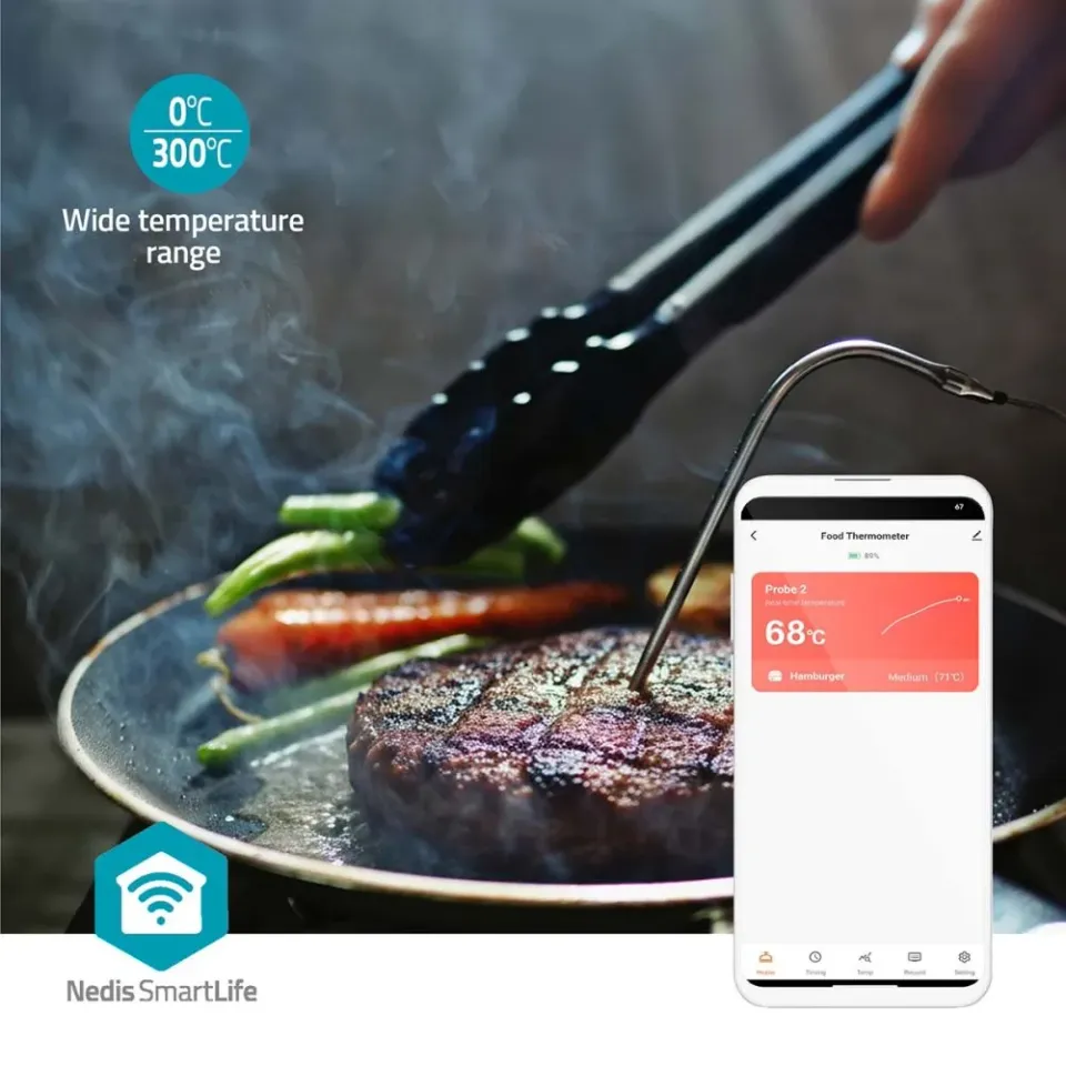 Nedis BTKAT10GY - Teploměr na Maso | 0 - 300 °C | Digitální Displej | Bluetooth