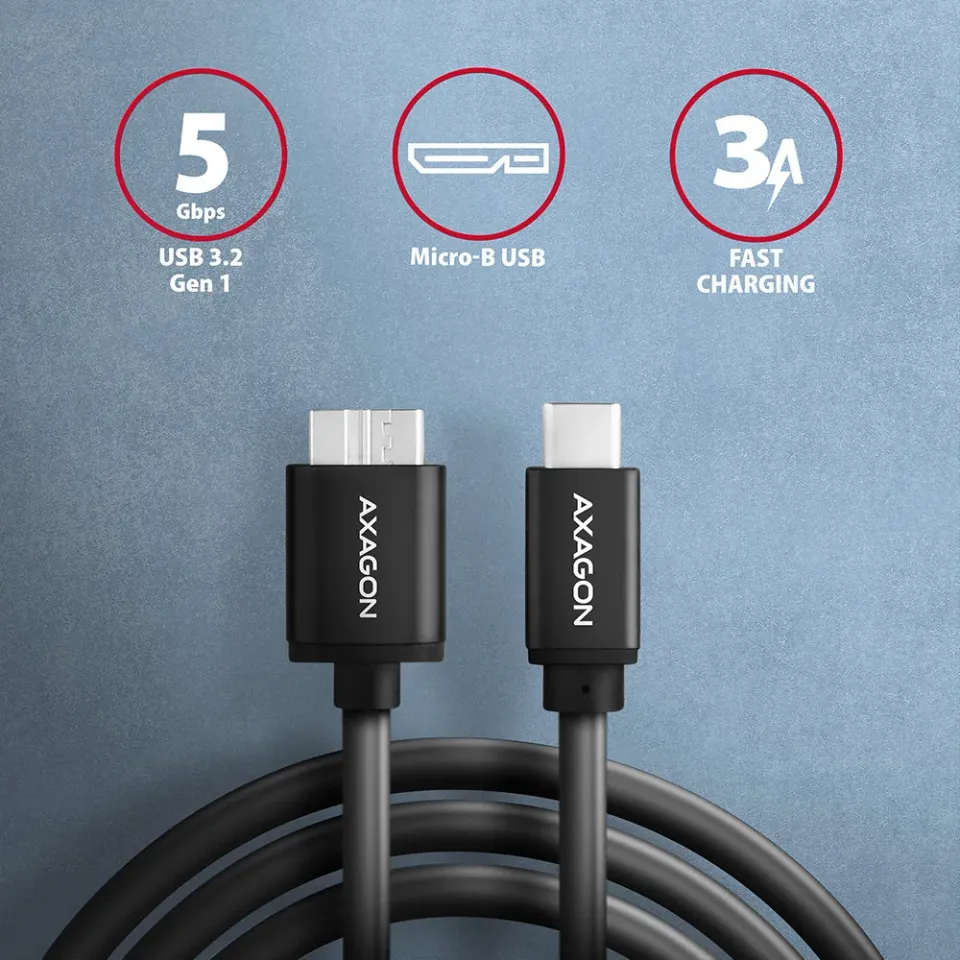 AXAGON BUMM3-CM10AB, SPEED kabel Micro-B USB <-> USB-C, 1m, USB 3.2 Gen 1, 3A, A