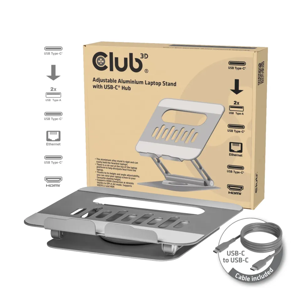 Club3D Nastavitelný hliníkový stojan pro notebook s USB-C hubem na 2xUSB, 1xHDMI, 2xUSB-C, 1xRJ45, 360°, 100W, 4K60Hz