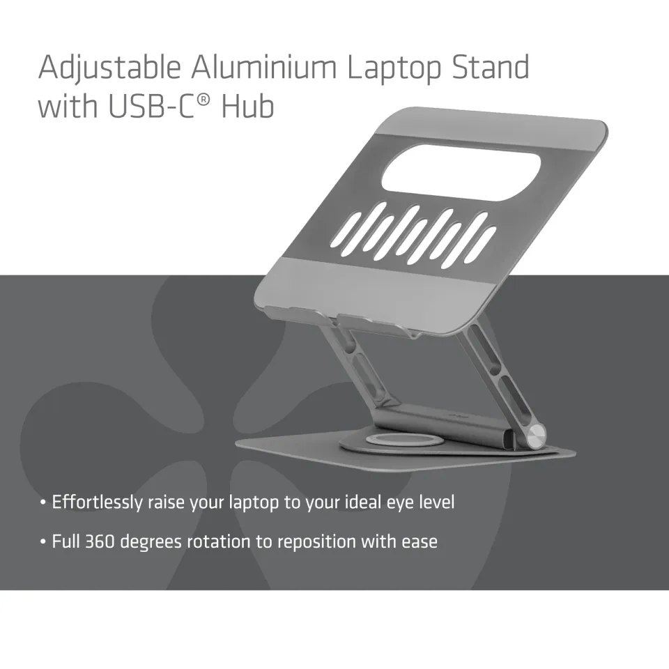 Club3D Nastavitelný hliníkový stojan pro notebook s USB-C hubem na 2xUSB, 1xHDMI, 2xUSB-C, 1xRJ45, 360°, 100W, 4K60Hz