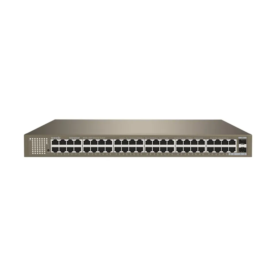 Tenda TEG1050F Gigabit switch s SFP, 48x RJ45 + 2x SFP, Fanless - bez ventilátorů, Rackmount, VLAN