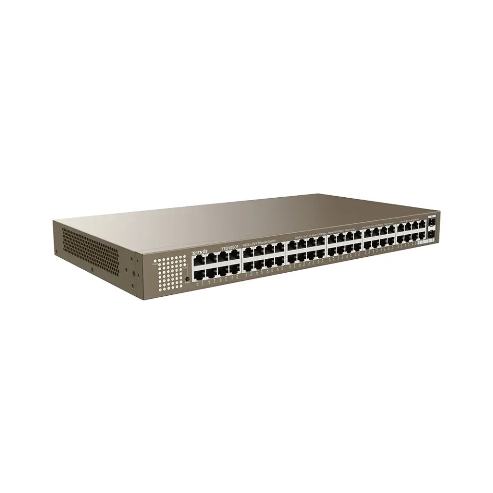 Tenda TEG1050F Gigabit switch s SFP, 48x RJ45 + 2x SFP, Fanless - bez ventilátorů, Rackmount, VLAN