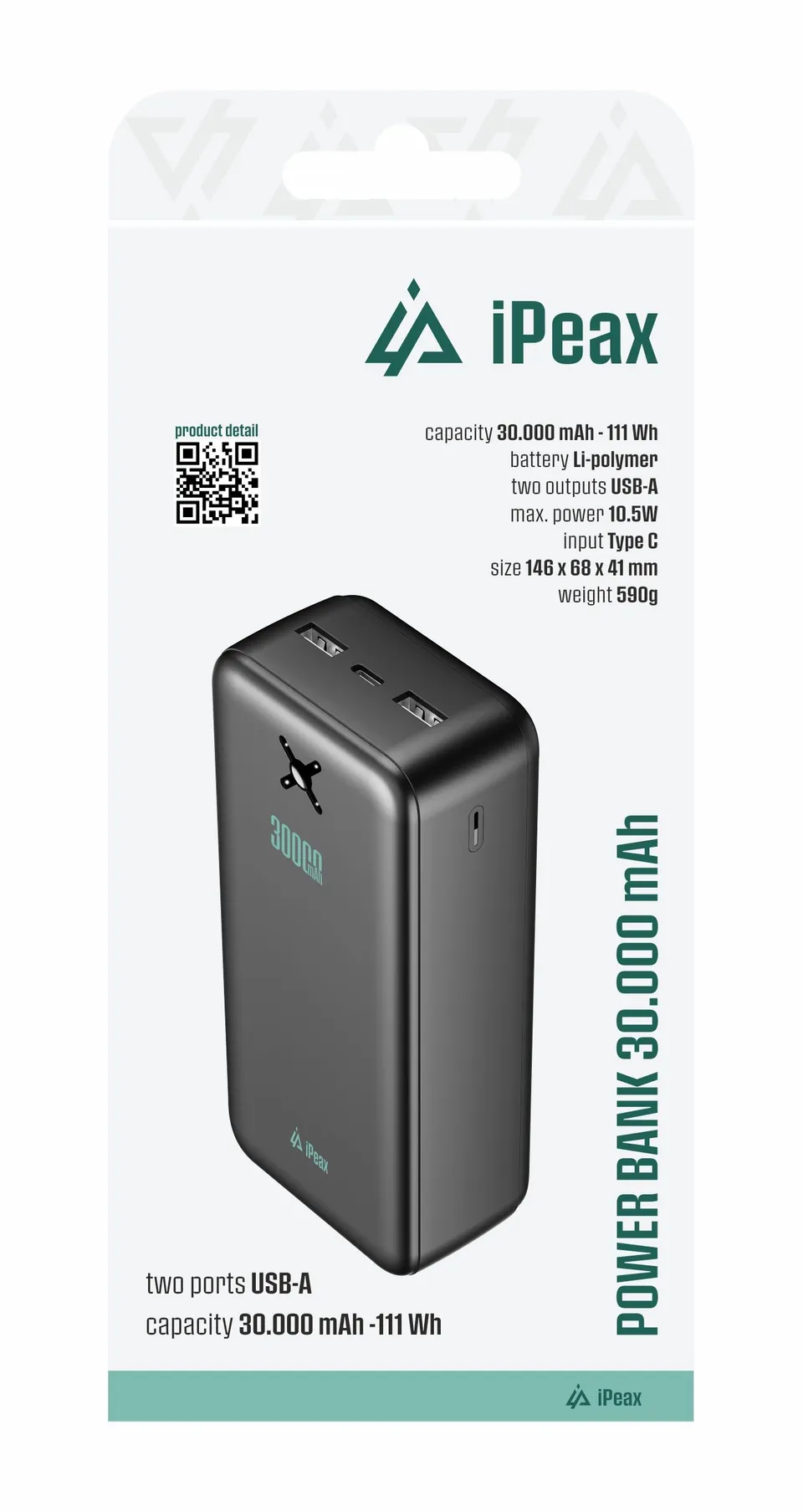 POWER BANKA 20000 mAh, 10,5W, 2x USB-A ČERNÁ
