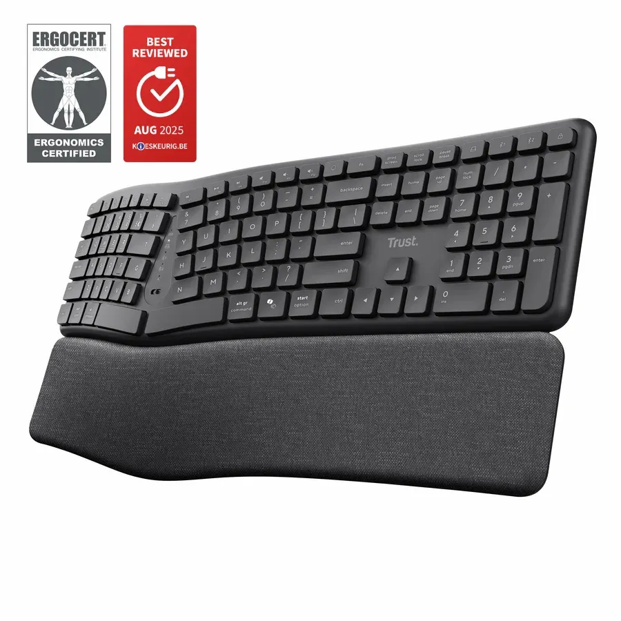 TRUST klávesnice Keyra, Ergonomická, Bezdrátová, US, černá