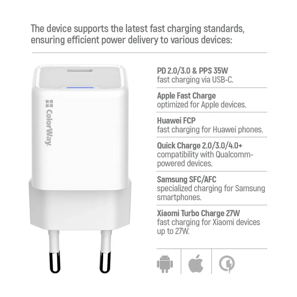 COLORWAY 1x USB-C/ síťová nabíječka/ GaN/ PD/ PPS/ 35W/ Bílá