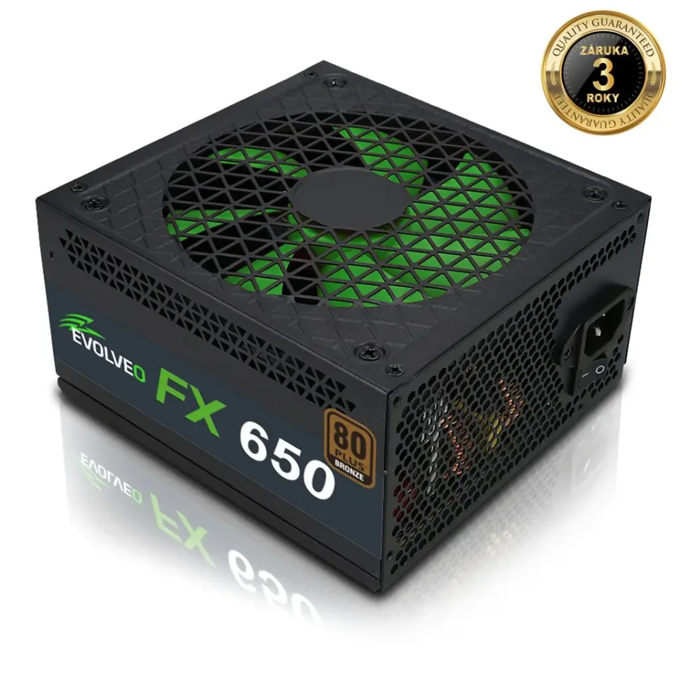 EVOLVEO FX 650, zdroj 650W, 80+ Bronze, ATX 2.2, 2× PCIe, aPFC, tichý 140mm vent