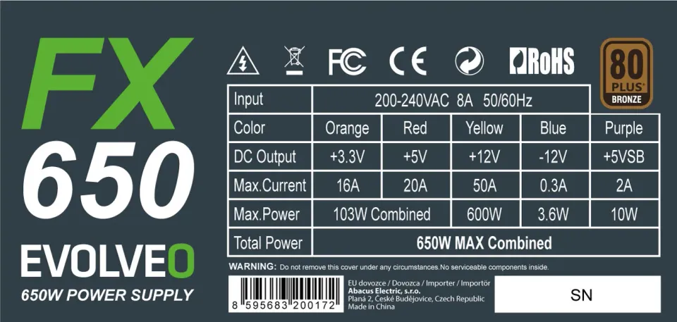 EVOLVEO FX 650, zdroj 650W, 80+ Bronze, ATX 2.2, 2× PCIe, aPFC, tichý 140mm vent