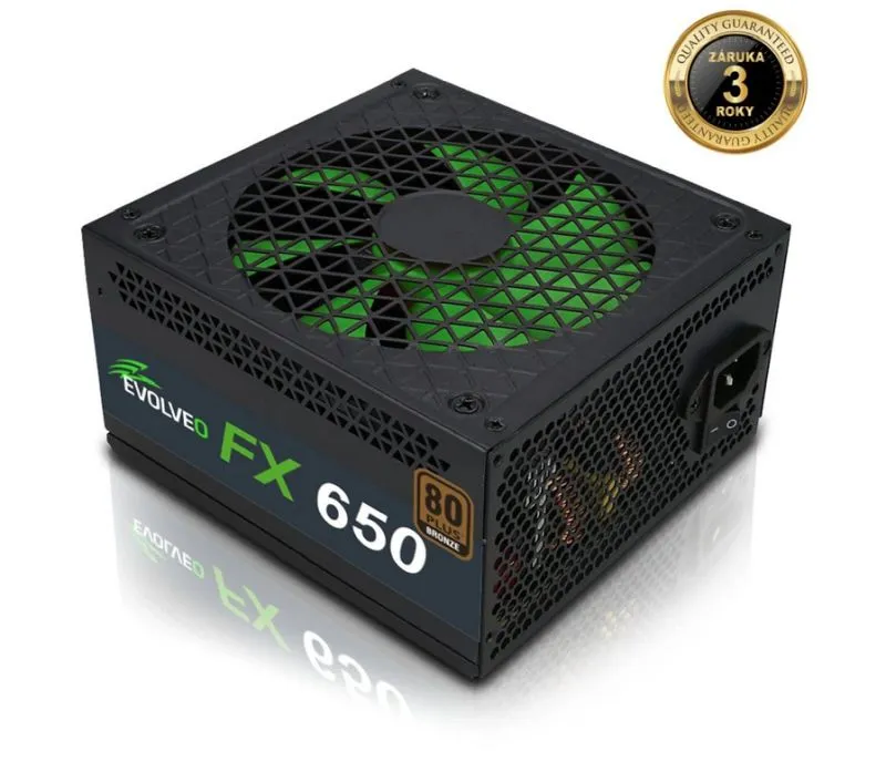 EVOLVEO FX 650, zdroj 650W, 80+ Bronze, ATX 2.2, 2× PCIe, aPFC, tichý 140mm vent