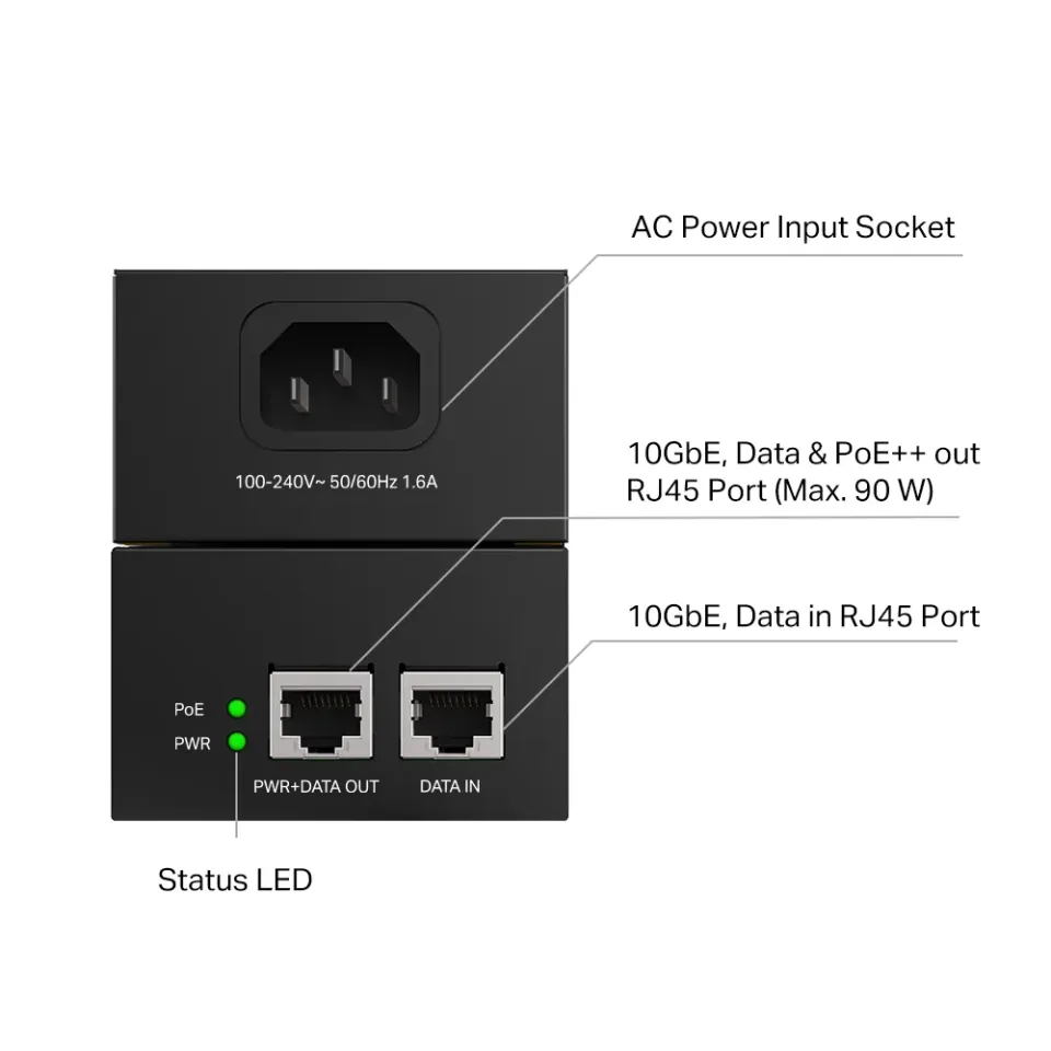 TP-Link POE380S Omada 10G PoE++ injektor, 802.3bt/at/af, 90 W