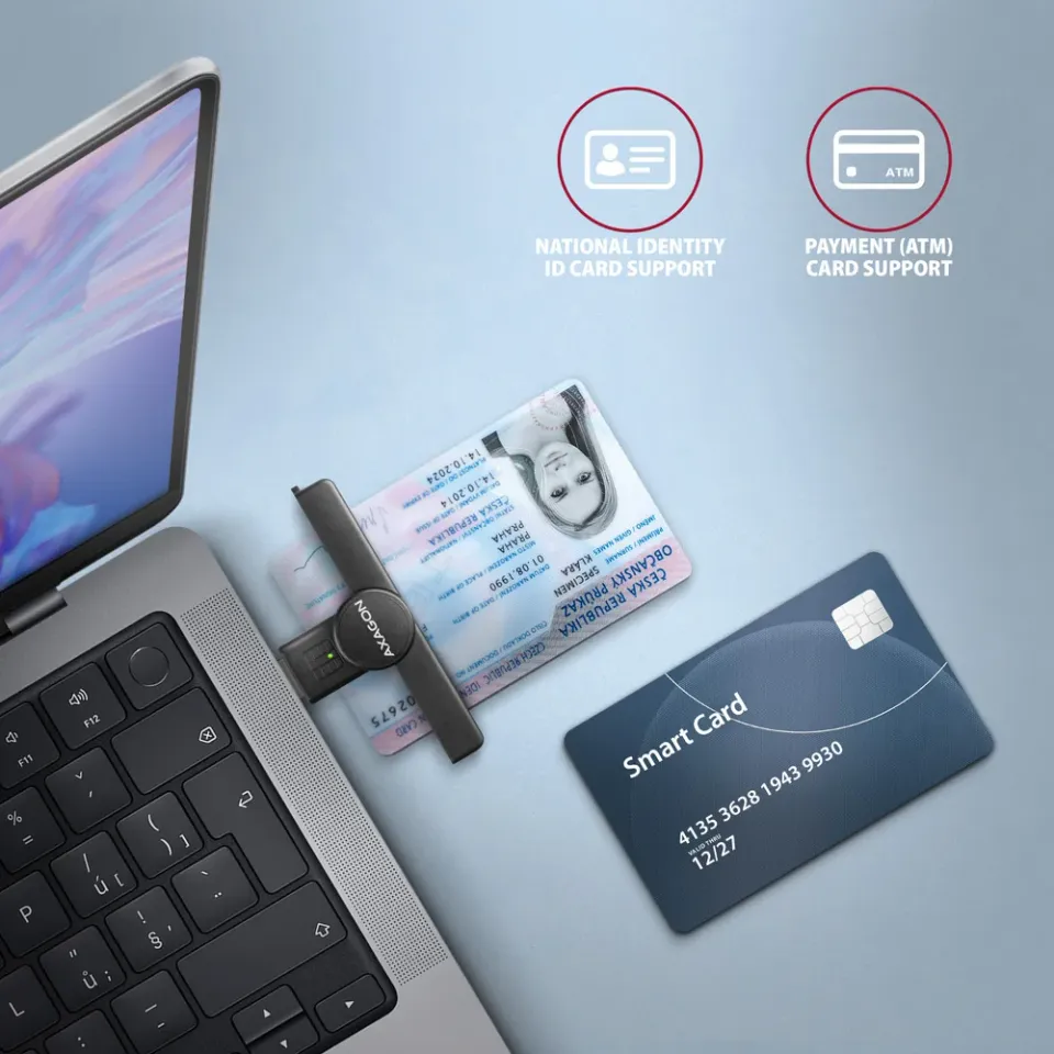 AXAGON CRE-SMPA Skládací kapesní USB-A čtečka kontaktních Smart karet. Vhodná pr