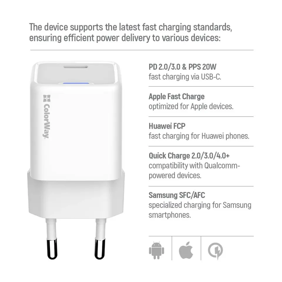 COLORWAY 1x USB-C/ síťová nabíječka/ GaN/ PD/ PPS/ 20W/ Bílá
