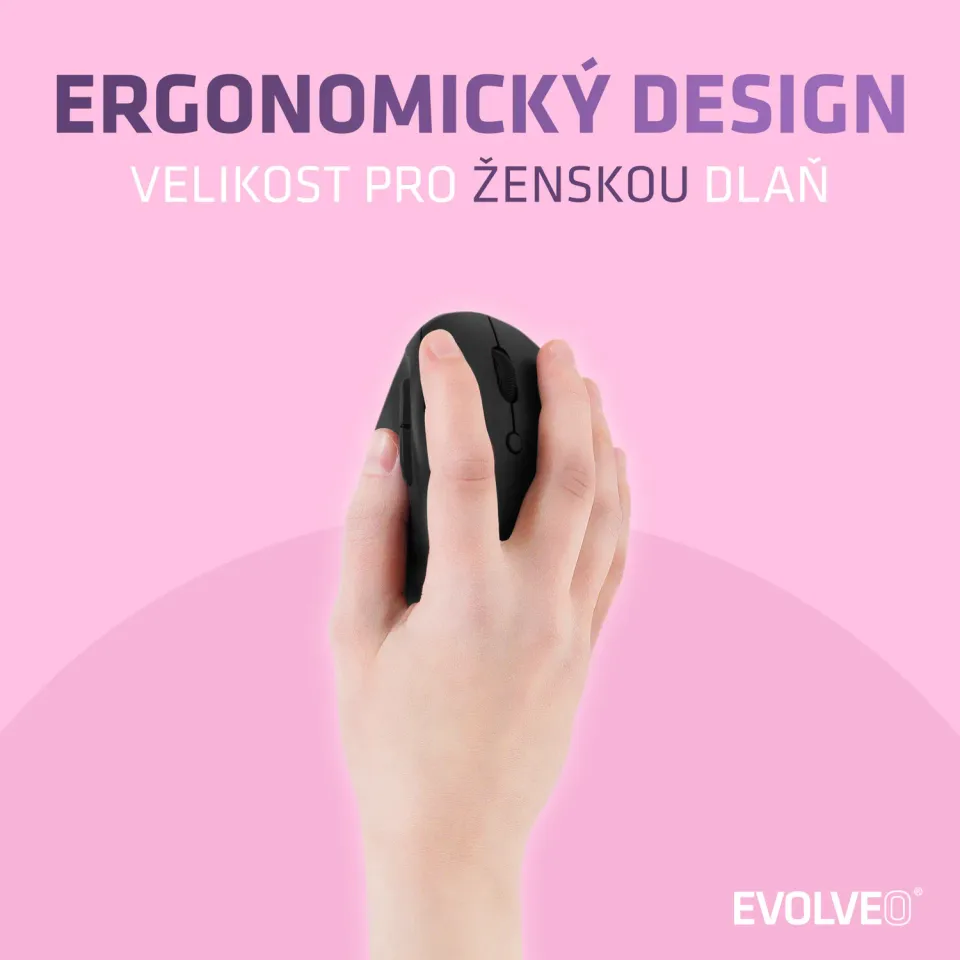 EVOLVEO LadyErgo, tichá vertikální ergonomická myš, 2.4GHz, černá