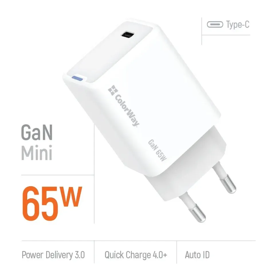 COLORWAY 1x USB-C / síťová nabíječka/ GaN/ PD/ PPS/ 65W/ Bílá