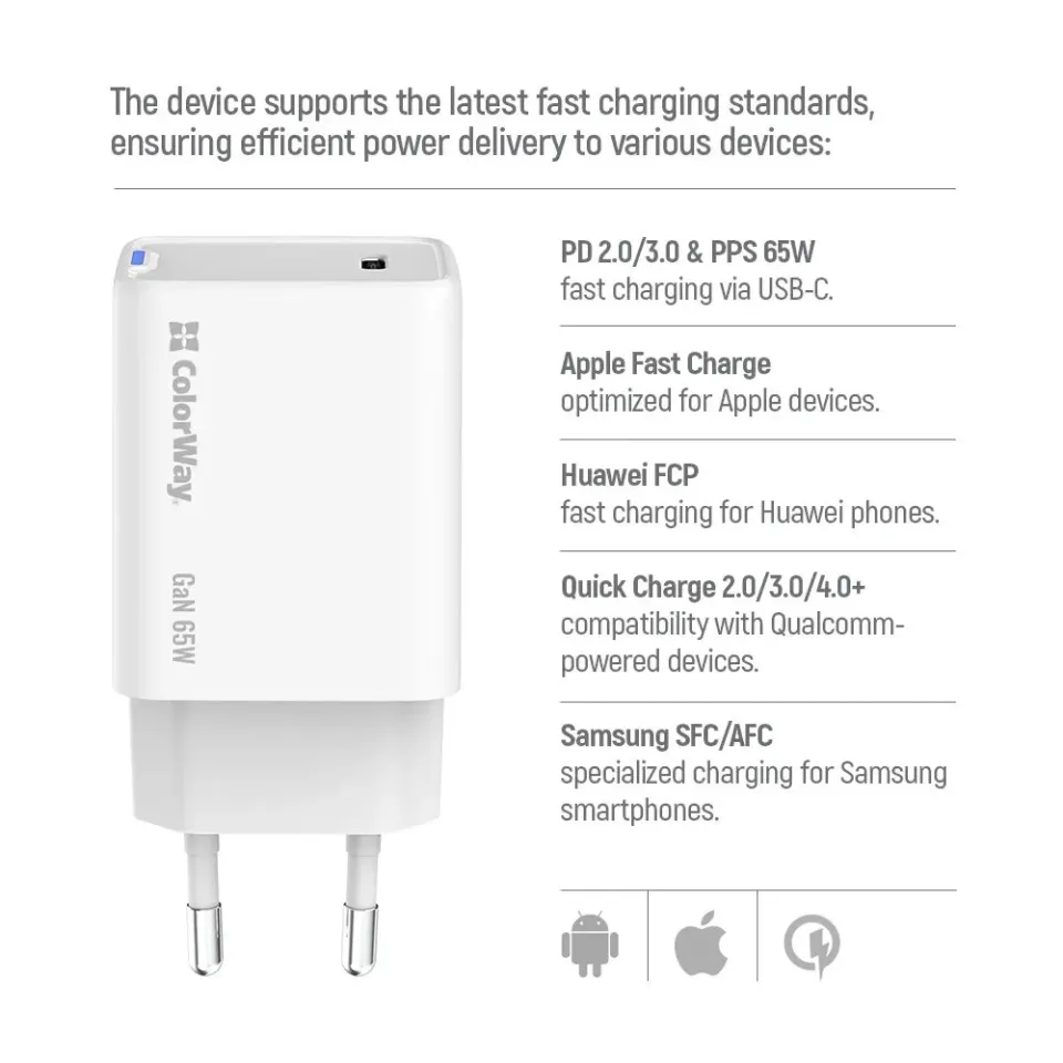COLORWAY 1x USB-C / síťová nabíječka/ GaN/ PD/ PPS/ 65W/ Bílá