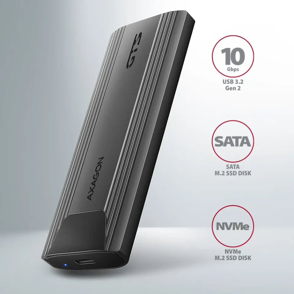 AXAGON EEM2-GTS2, USB-C 10Gbps - M.2 NVMe & SATA SSD kovový THIN box, bezšroubko