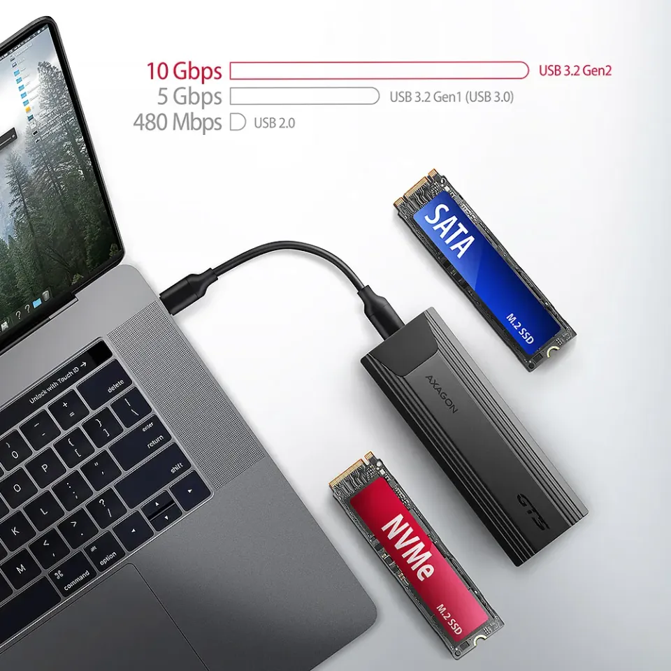 AXAGON EEM2-GTS2, USB-C 10Gbps - M.2 NVMe & SATA SSD kovový THIN box, bezšroubko