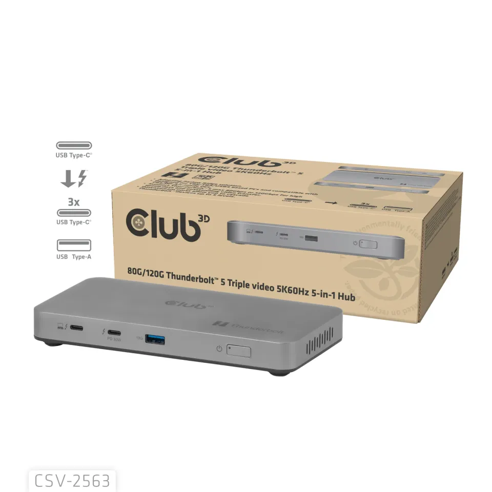 Club3D hub Thunderbolt 5 5v1, 3x USB-C TB5, 1x USB-A, 1x8K60Hz, 3x 5K60Hz, certifikace Thunderbolt Share, 180W