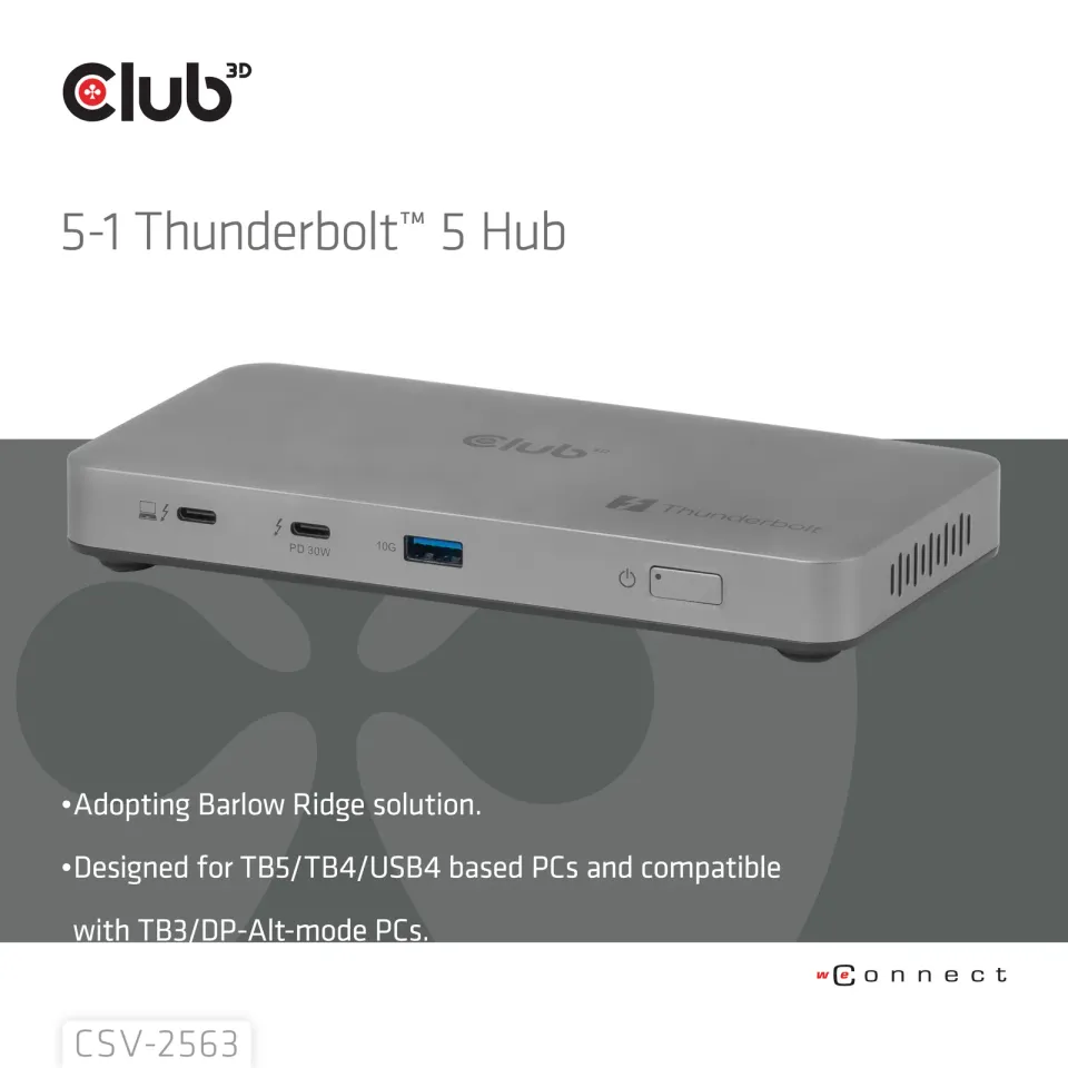 Club3D hub Thunderbolt 5 5v1, 3x USB-C TB5, 1x USB-A, 1x8K60Hz, 3x 5K60Hz, certifikace Thunderbolt Share, 180W