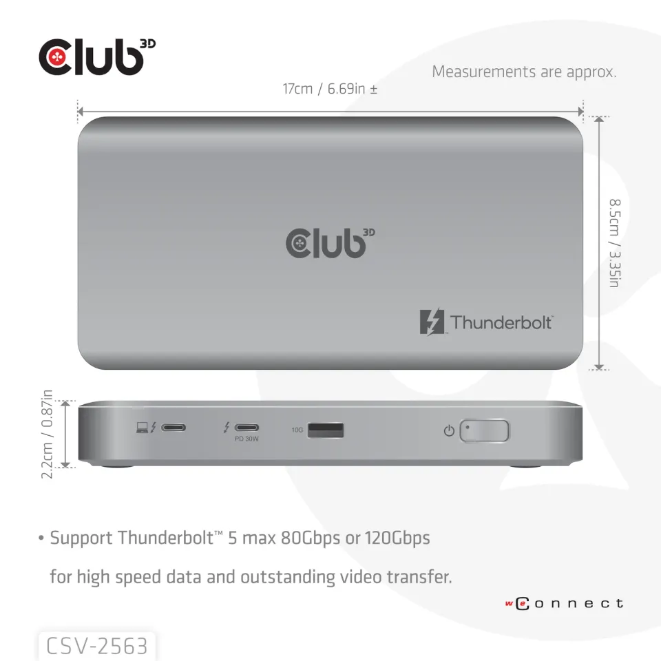 Club3D hub Thunderbolt 5 5v1, 3x USB-C TB5, 1x USB-A, 1x8K60Hz, 3x 5K60Hz, certifikace Thunderbolt Share, 180W