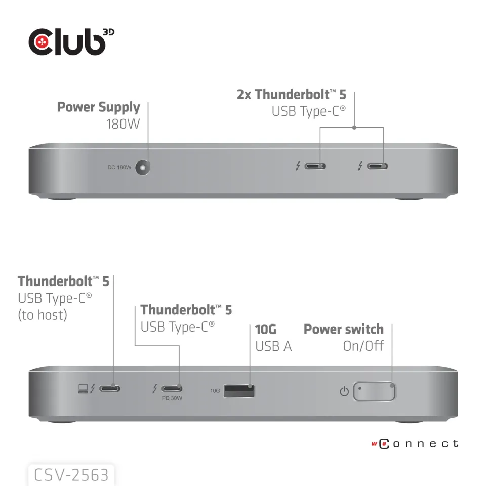 Club3D hub Thunderbolt 5 5v1, 3x USB-C TB5, 1x USB-A, 1x8K60Hz, 3x 5K60Hz, certifikace Thunderbolt Share, 180W