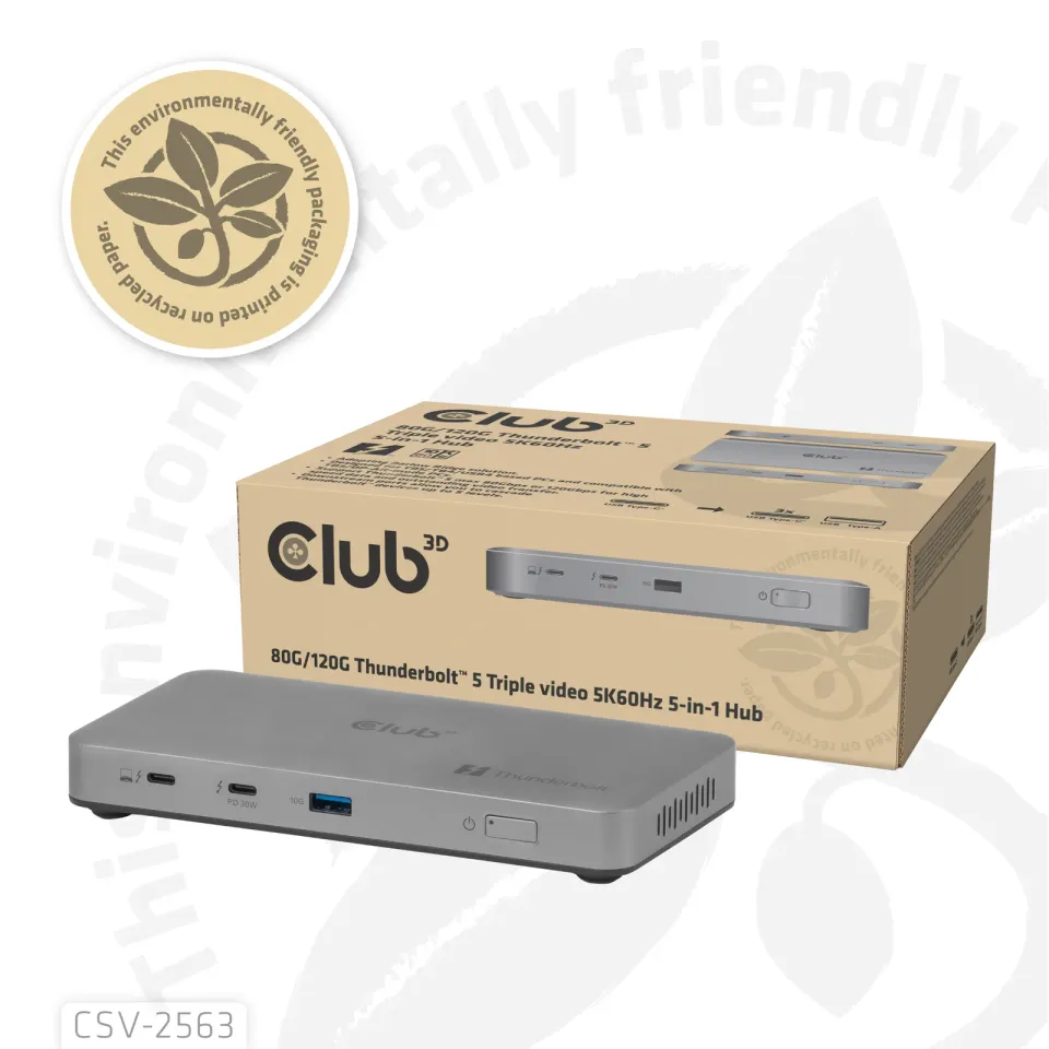 Club3D hub Thunderbolt 5 5v1, 3x USB-C TB5, 1x USB-A, 1x8K60Hz, 3x 5K60Hz, certifikace Thunderbolt Share, 180W
