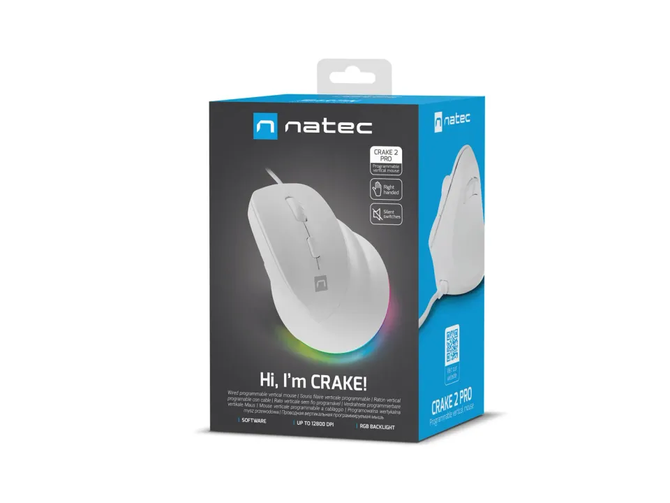 Vertikální myš Natec CRAKE 2 PRO/Vertikální/Optická/Pro praváky/12 400 DPI/Drátové USB-A/Bílá