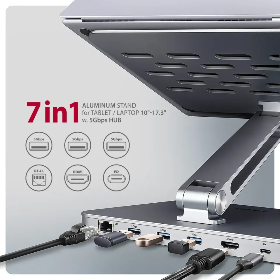 AXAGON HMC-STND, stojan pro 10"-16" notebooky, USB 5Gbps hub, 3x USB-A, HDMI 4k/