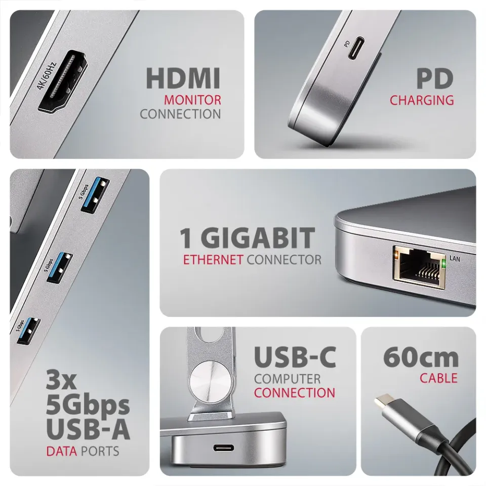 AXAGON HMC-STND, stojan pro 10"-16" notebooky, USB 5Gbps hub, 3x USB-A, HDMI 4k/