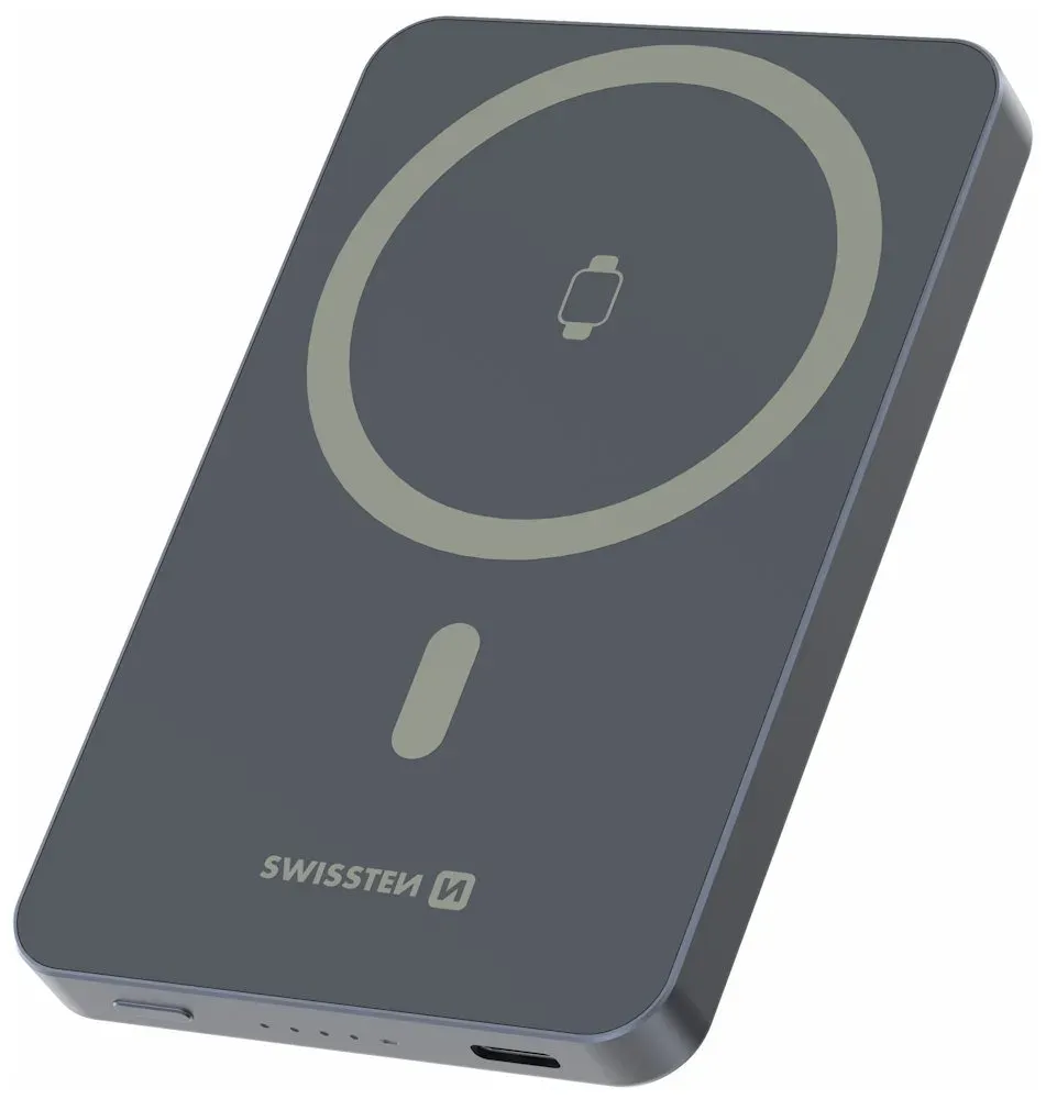 Swissten Power Bank Fusion 5000 mAh S Nabíjením Apple Watch (Kompatibilní S Magsafe) Stříbrná