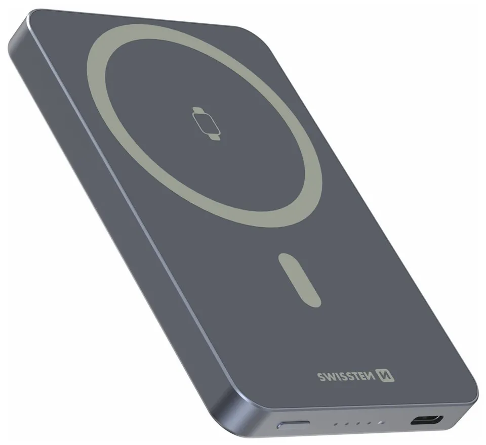 Swissten Power Bank Fusion 5000 mAh S Nabíjením Apple Watch (Kompatibilní S Magsafe) Stříbrná