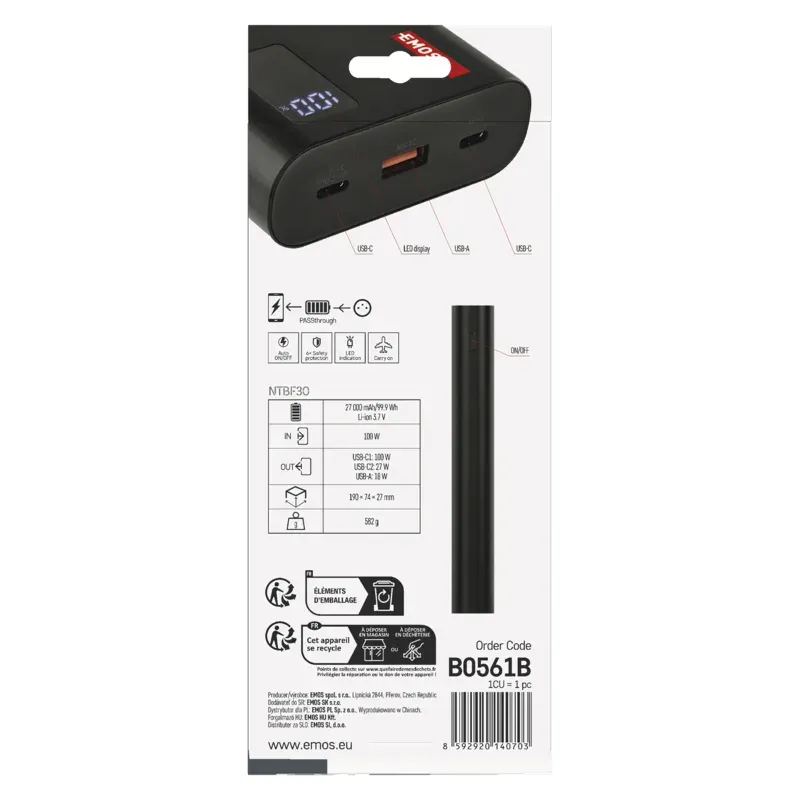 EMOS PWB NTBF30 27000MAH 100W PD 1×USB-C 1×USB-A