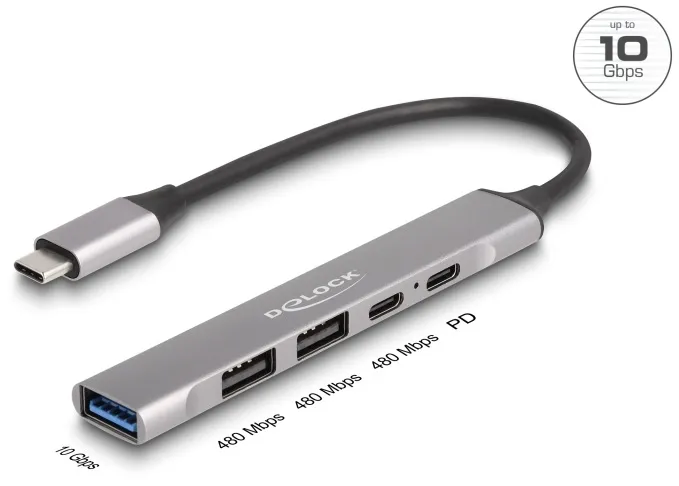Delock 4-portový tenký Hub USB Type-C mající 1 x USB 10 Gbps Typ-A + 2 x USB 2.0