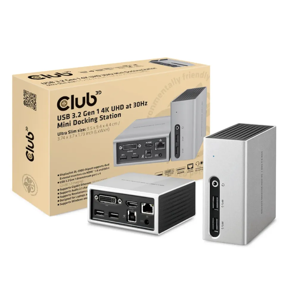 Club3D Dokovací stanice USB-A 8v1, 1xHDMI, 1xDVI, 4xUSB, 1xRJ45, 1x3.5mm, šedá