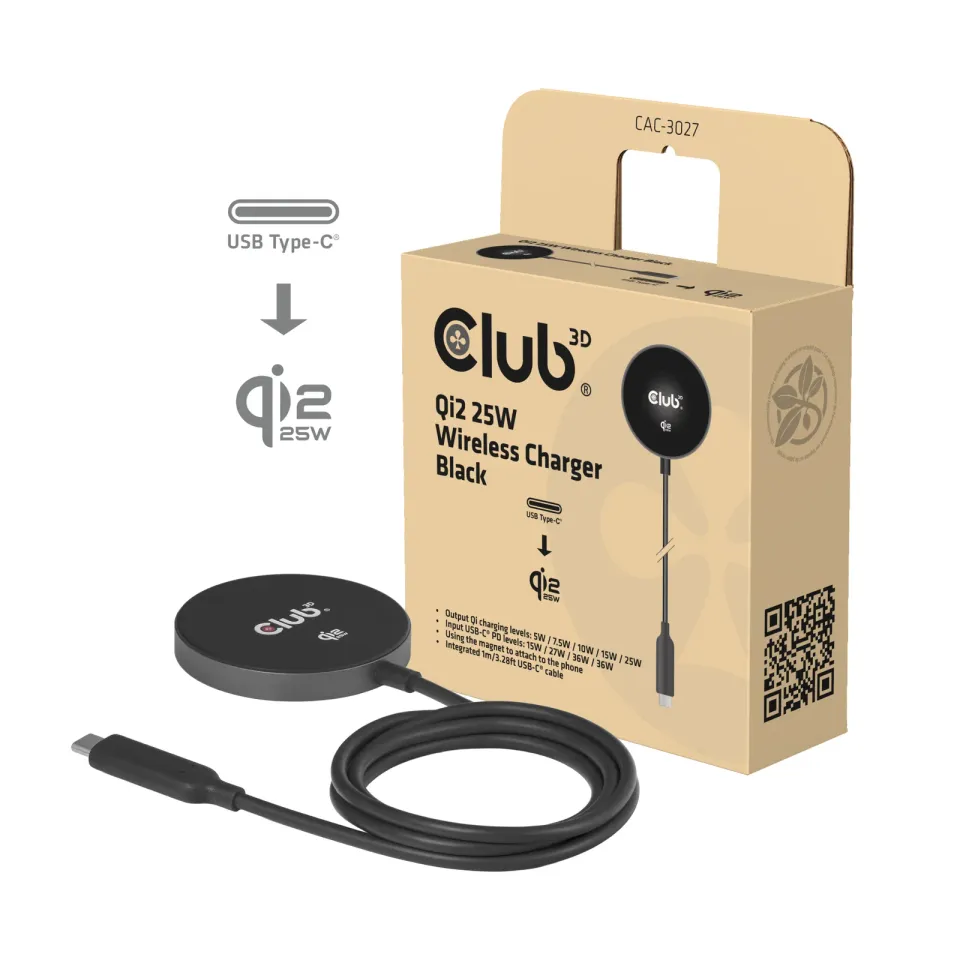 Club3D Bezdrátová nabíječka, 1x Qi2 25W, MagSafe, Qi certifikováno, černá