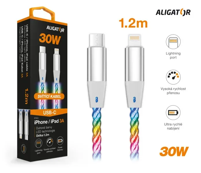 ALIGATOR Datový kabel LIGHT 3A, 30W USB-C/Lightning 1,2m