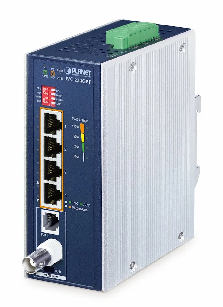 Planet IVC-234GPT, VDSL2 průmyslový ethernet konvertor, 4x 1Gb 802.at PoE+, profil 17a/30a/35b,G.993.5 G.Vectoring,G.INP