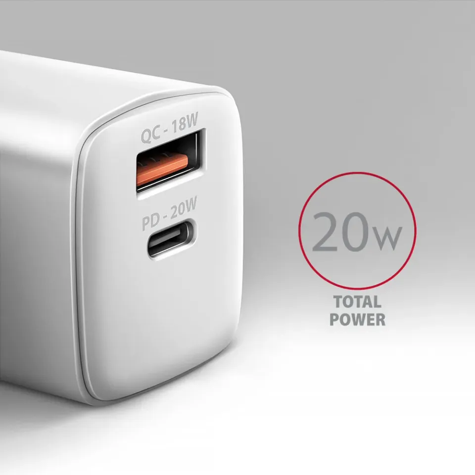 AXAGON ACU-PQ20W nabíječka do sítě 20W, 2x port (USB-A + USB-C), PD3.0/PPS/QC4+/
