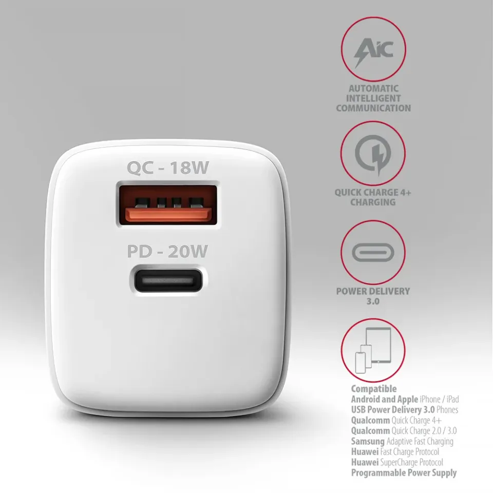 AXAGON ACU-PQ20W nabíječka do sítě 20W, 2x port (USB-A + USB-C), PD3.0/PPS/QC4+/