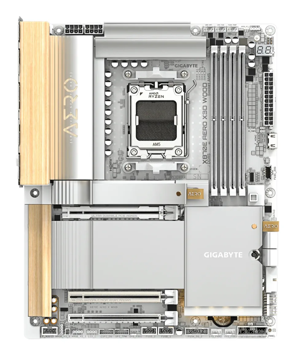 GIGABYTE MB Sc AM5 X870E AERO X WOOD, AMD X870E. 4xDDR5, 2xUSB-C, 2xHDMI, Wifi, ATX