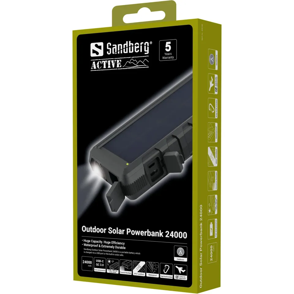 Sandberg přenosný zdroj USB 24000 mAh, Outdoor Solar powerbank, pro chytré telefony, černý