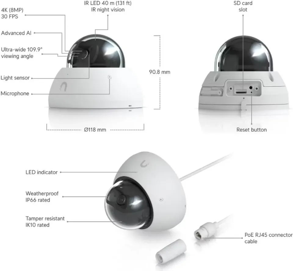 UBNT UVC-AI-Dome-W - AI Dome PoE kamera, 8MP, bílá