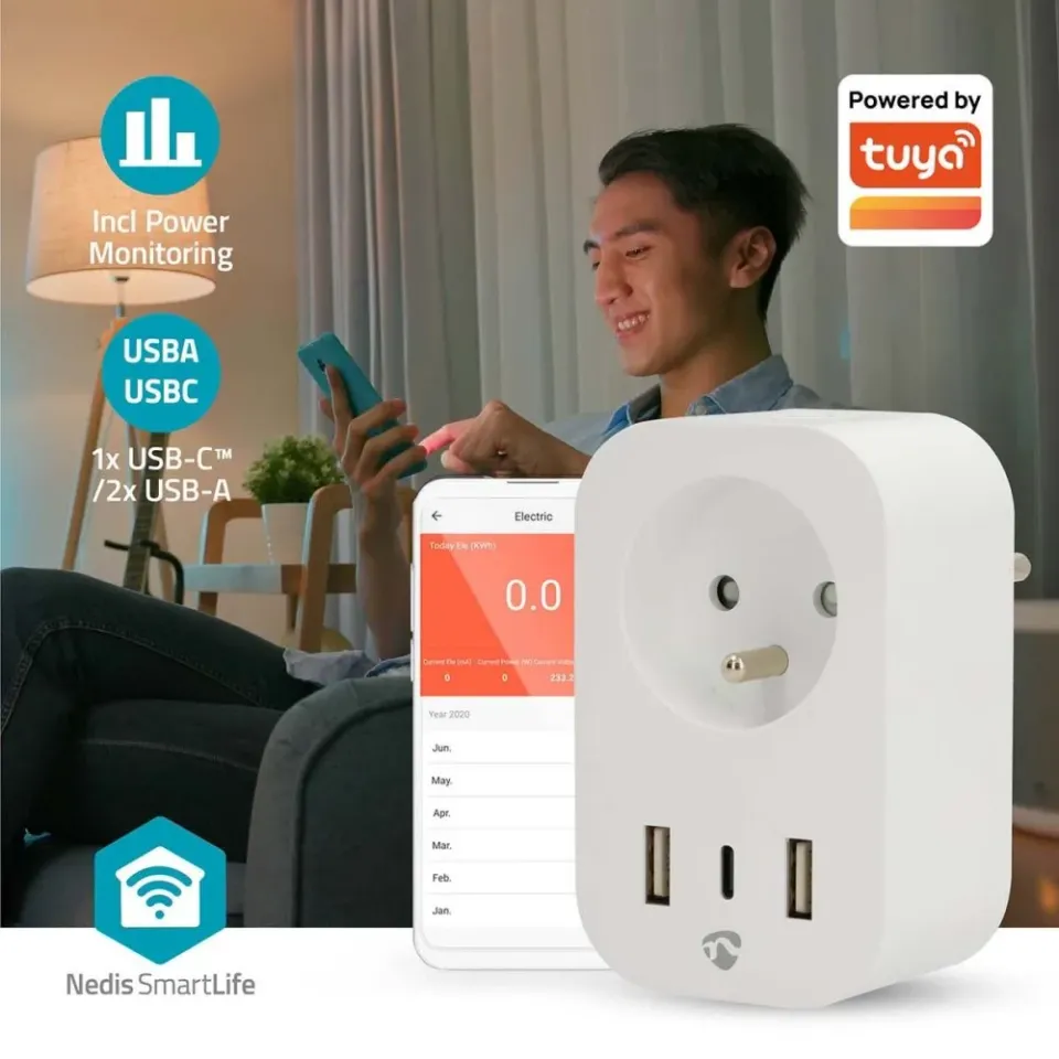Nedis WIFIP151EWT - WiFi Chytrá Zásuvka |Typ E (CEE 7/6) / 1x USB-C / 2x USB | 0