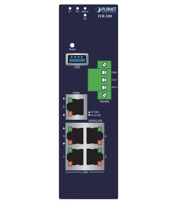 Planet IVR-300 Enterprise router/FW VPN/VLAN/QoS/HA/AP kontroler, 2x WAN (SD-WAN), 3x LAN, IP30, -40/75st, 9-54VDC