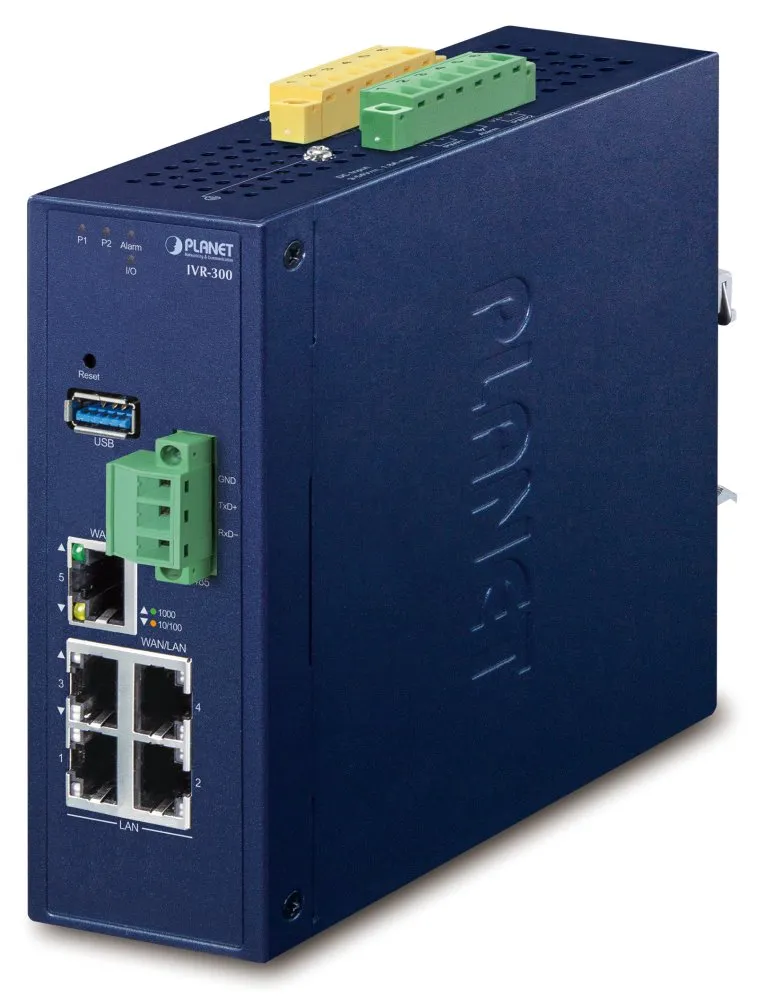 Planet IVR-300 Enterprise router/FW VPN/VLAN/QoS/HA/AP kontroler, 2x WAN (SD-WAN), 3x LAN, IP30, -40/75st, 9-54VDC