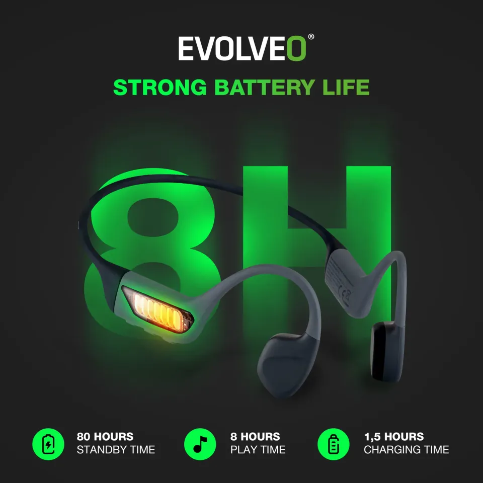 EVOLVEO BoneMax, bezdrátová sluchátka na lícní kosti, MP3 32GB, IPX8, šedé
