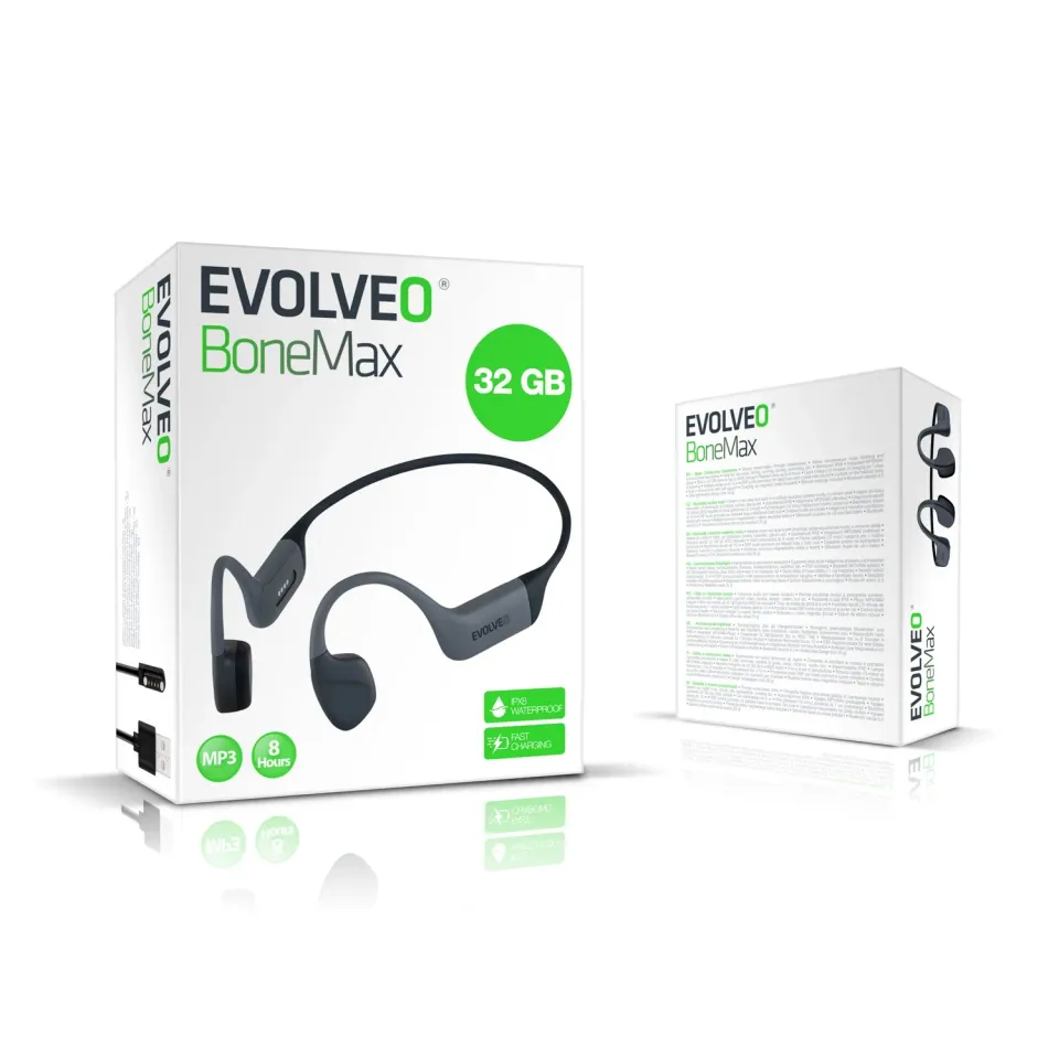 EVOLVEO BoneMax, bezdrátová sluchátka na lícní kosti, MP3 32GB, IPX8, šedé